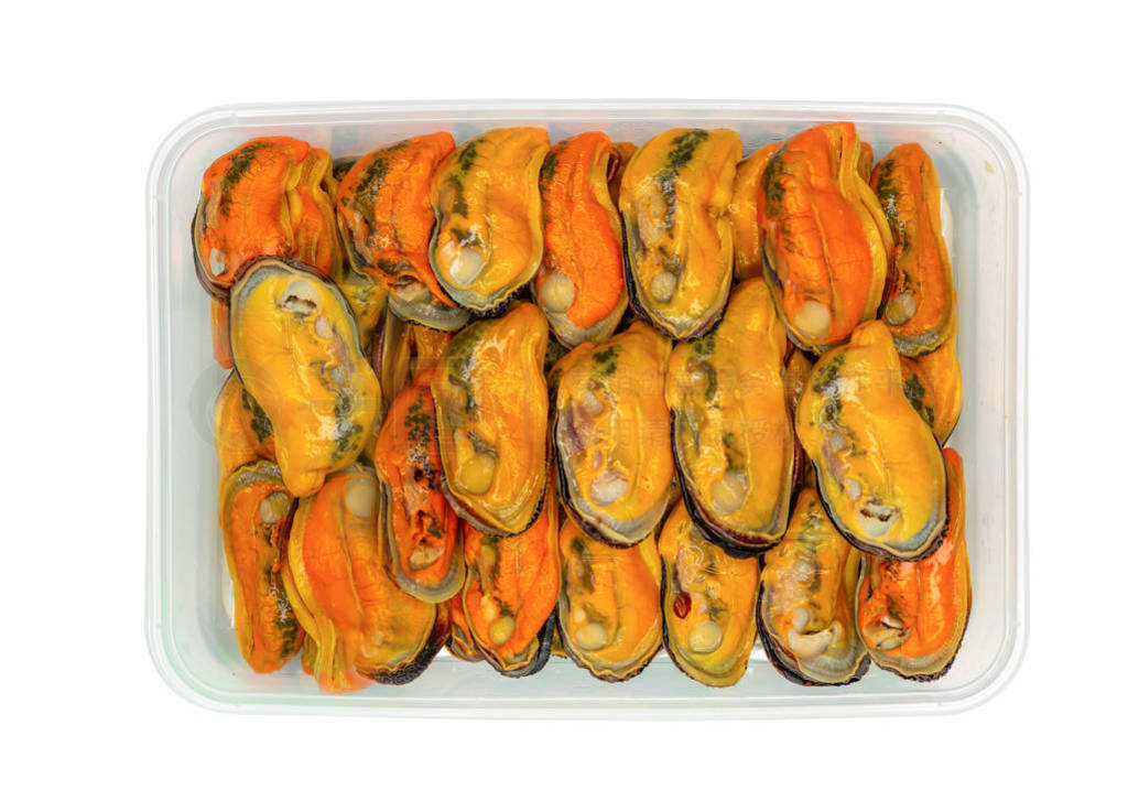 Steamed mussels in plastic box for delivery. Cooked mussel meat