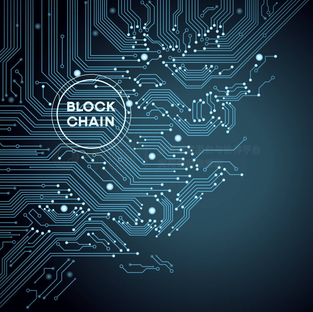 Blockchain 网络概念、分布式分类账技术、块链文本和计算机连接。文件保存在版本 Ai10 Eps 中