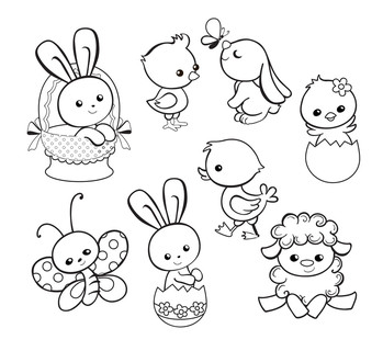 快乐复活节假期插图与可爱鸡、 兔子、 鸭、 羊的卡通人物。彩页。矢量图