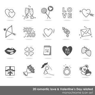 20 浪漫爱情情人节相关隔离在白色背景上的单色的图标集