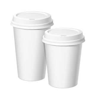 一套现实的纸白色一次性杯与盖子。适用于各种热饮、咖啡、卡布奇诺、茶。标准尺寸和大。品牌模板的布局。向量例证