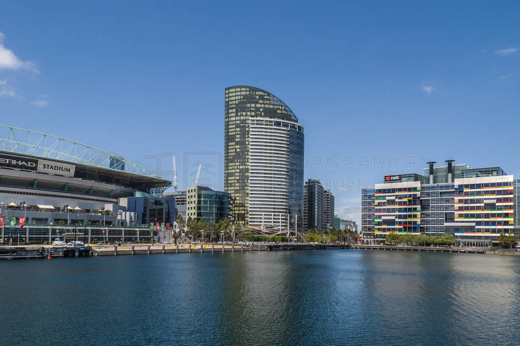 Ethiad or Marvel Stadium and high rise building at Docklands in