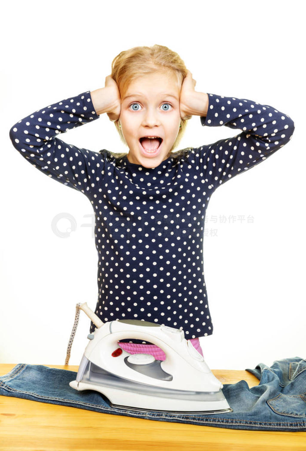 Portrait of young girl with iron in shock