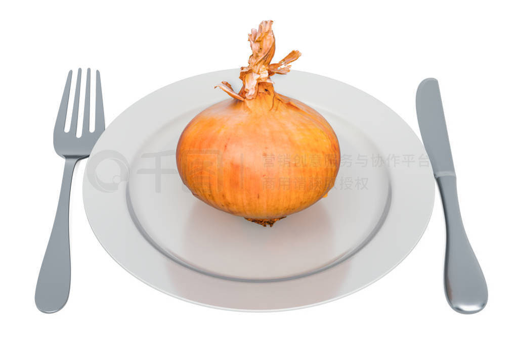 Fresh onion on plate with fork and knife, 3D rendering