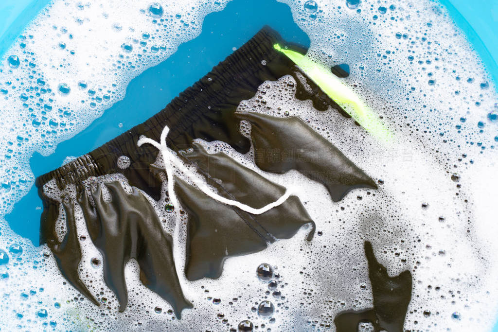 Male shorts soak in powder detergent water dissolution. Laundry