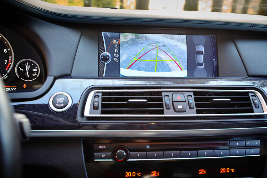 Interior of premium car with rearview camera dynamic trajectory