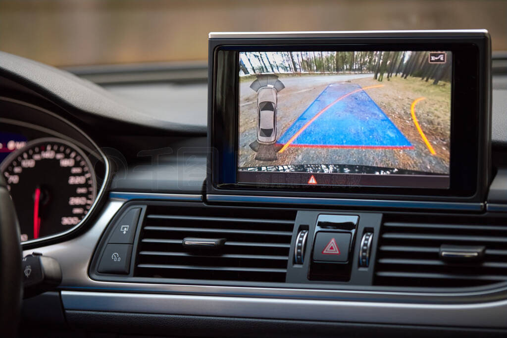 Interior of premium car with rearview camera dynamic trajectory