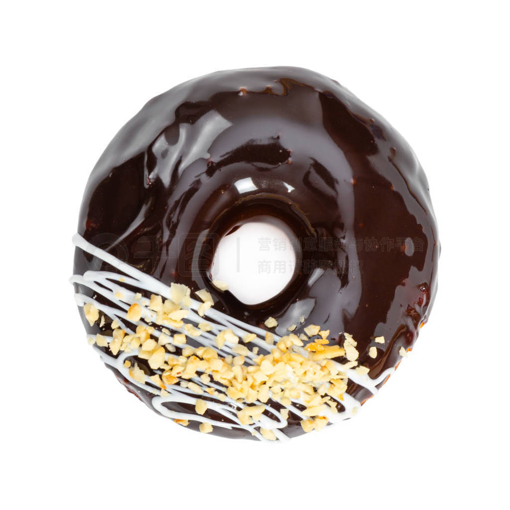 Donut with glossy mirror chocolate glaze and nuts
