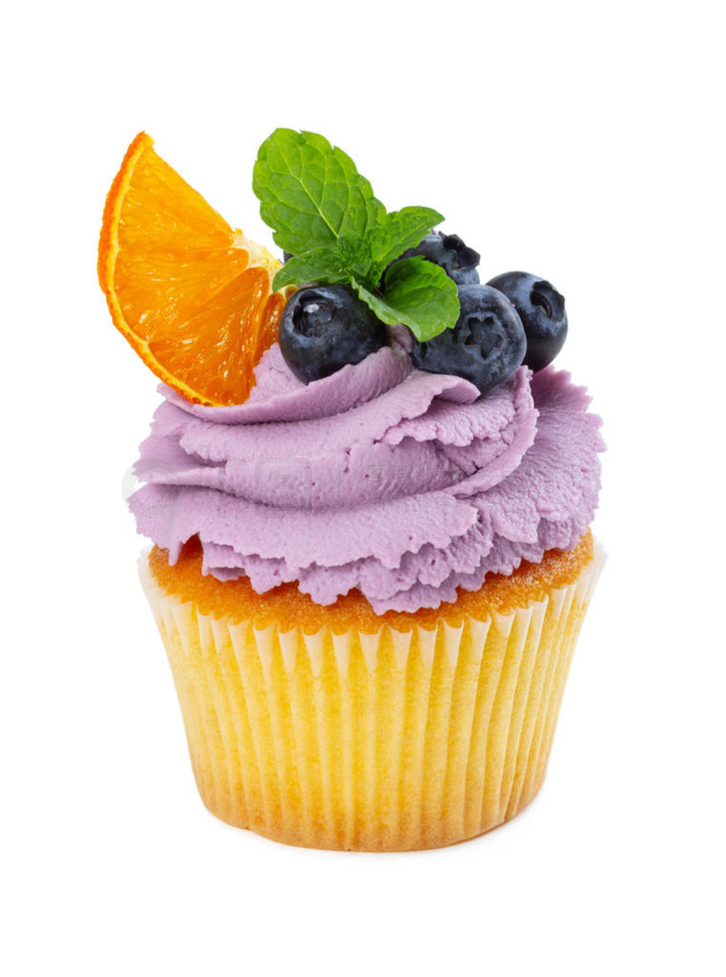 Cupcake with fresh blueberries, slice of orange and mint