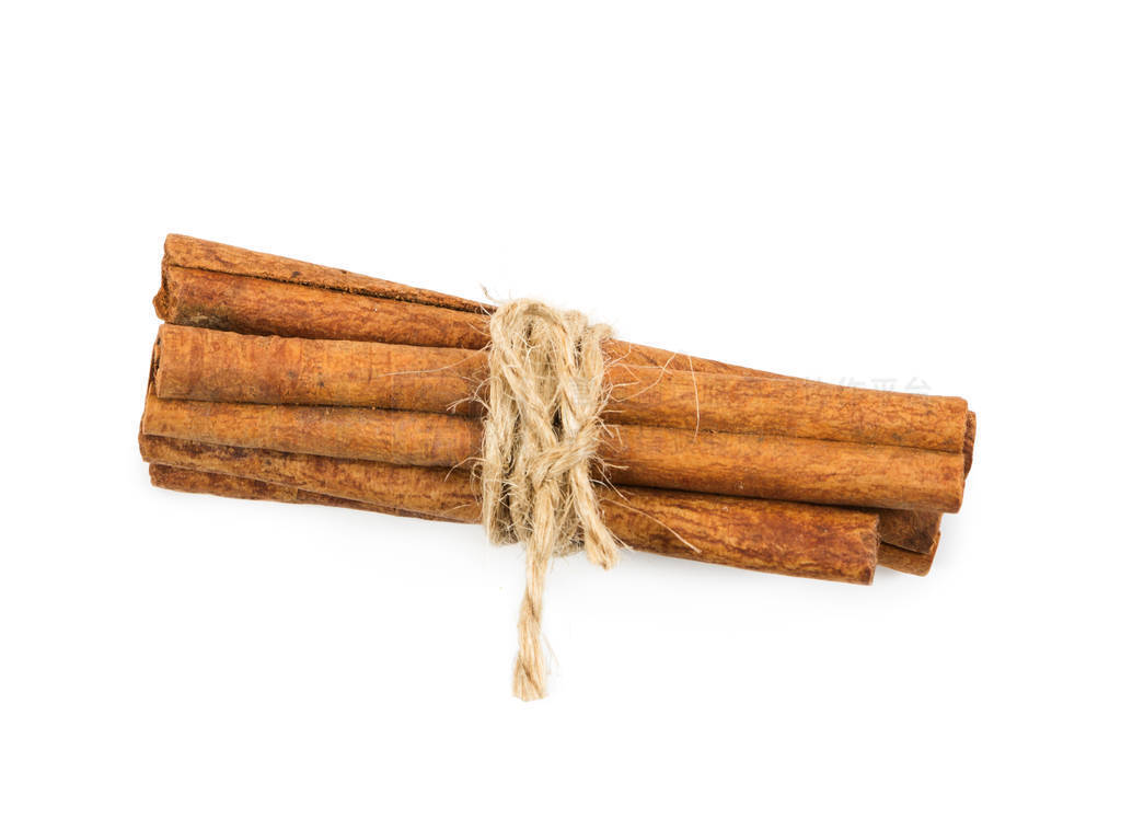 Cinnamon sticks tied with string, isolated on white
