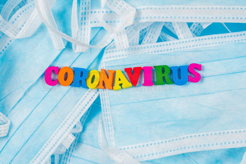 Colorful word coronavirus on protective masks.