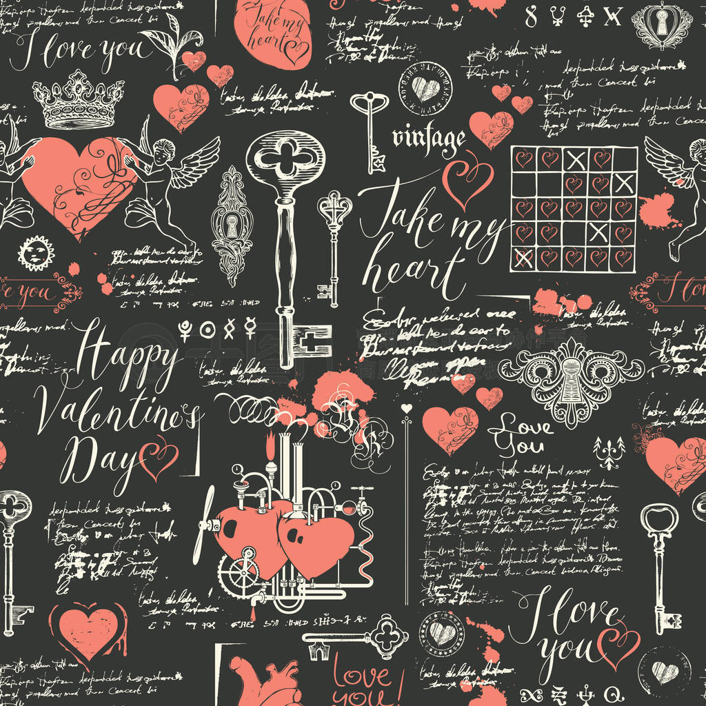 s day in retro style. Abstract background with red hearts, keys,