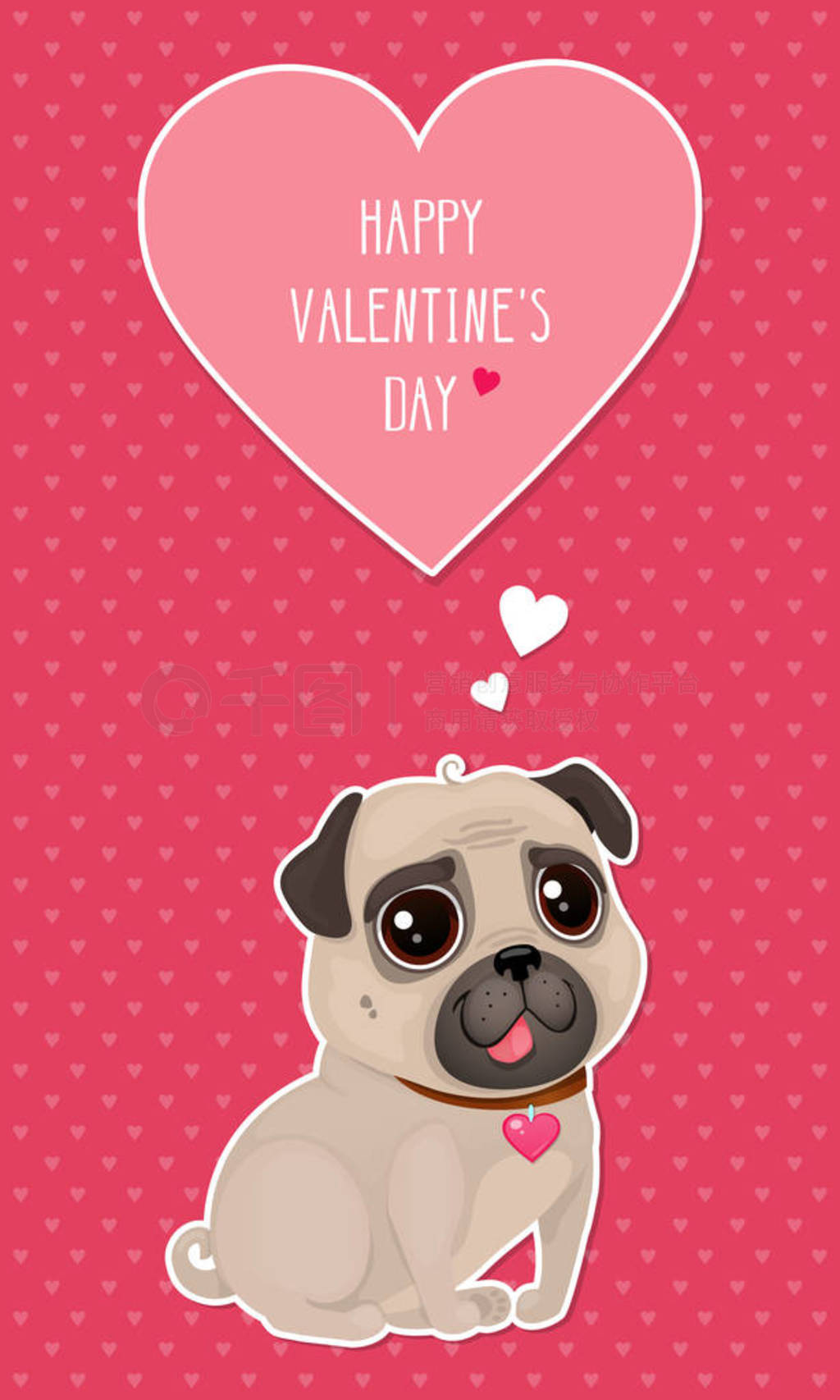 s Day with a cute pug and heart in cut out style. Cartoon dog on