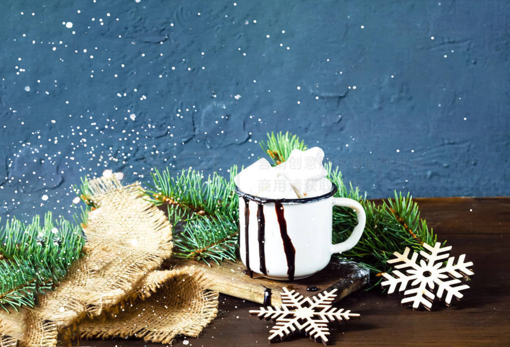 Christmas or New Year background.Hot chocolate with marsmallow c