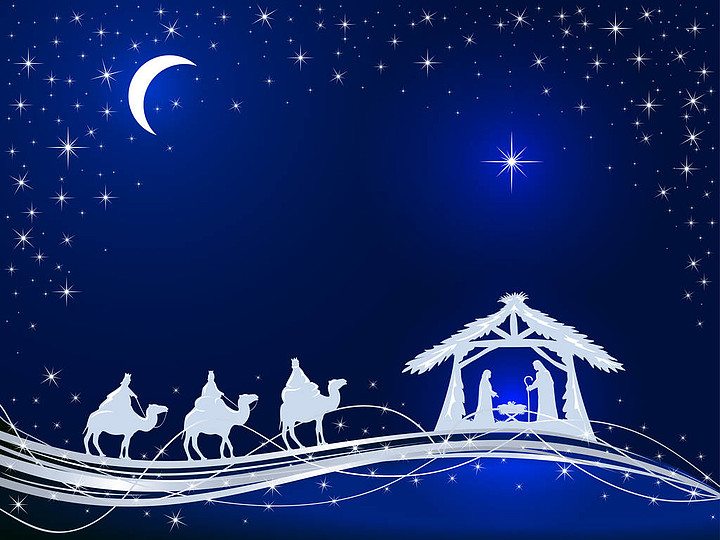 耶稣的诞生,闪耀的星星和三个智者的蓝色背景插图