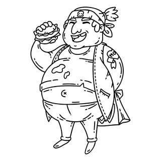 有汉堡的胖子肥胖的性格卡通矢量插图白色背景上的孤立对象着色页