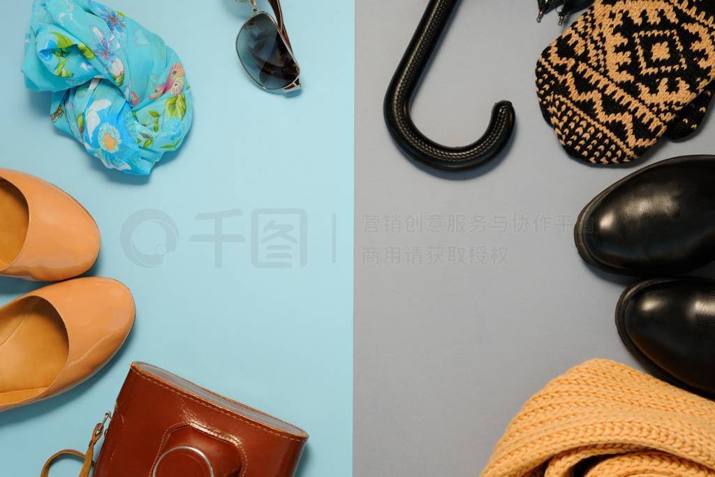 s accessories and shoes on two tone background. Flat lay. Top vi