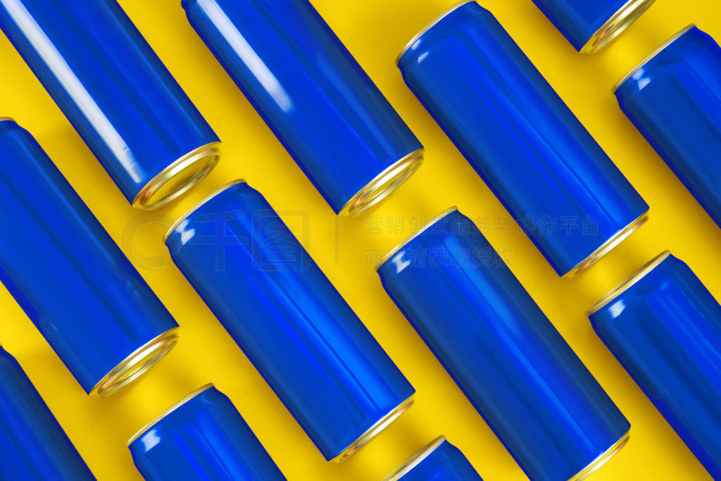 Blank metal blue cans on color background, flat lay. Mock up for