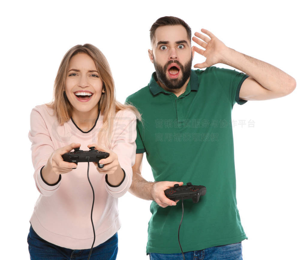 Emotional couple playing video games with controllers isolated o