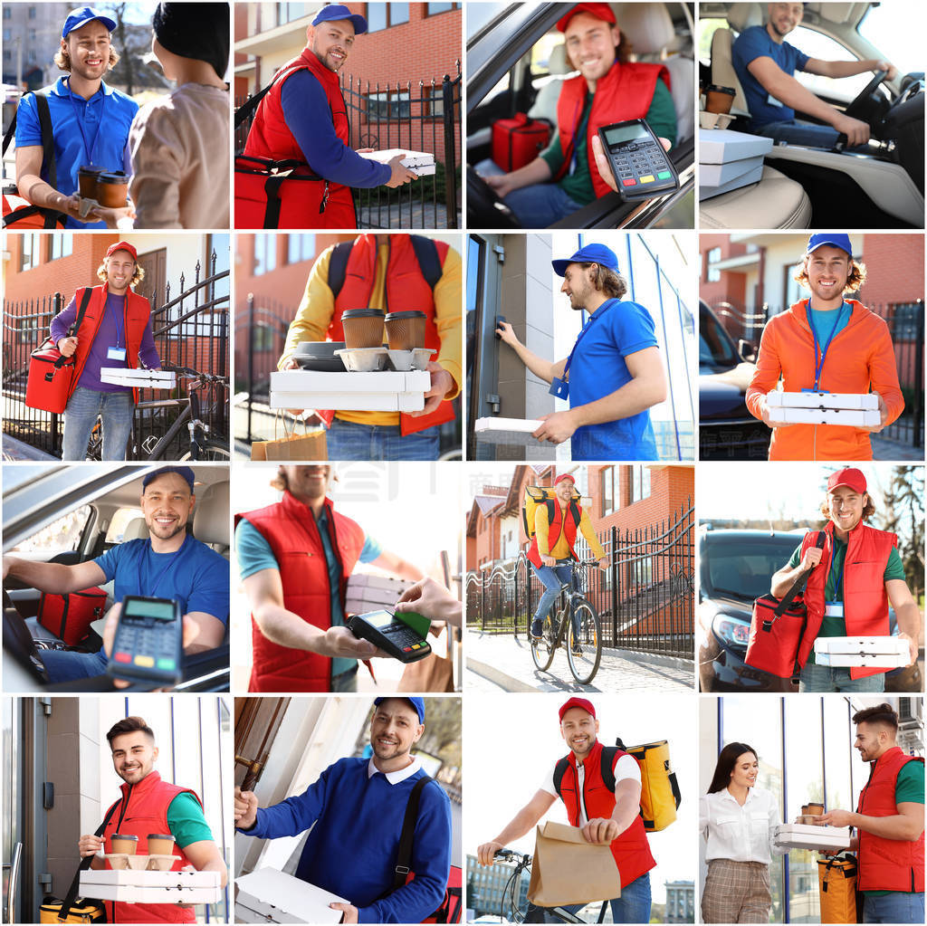 Set of couriers with orders. Food delivery service