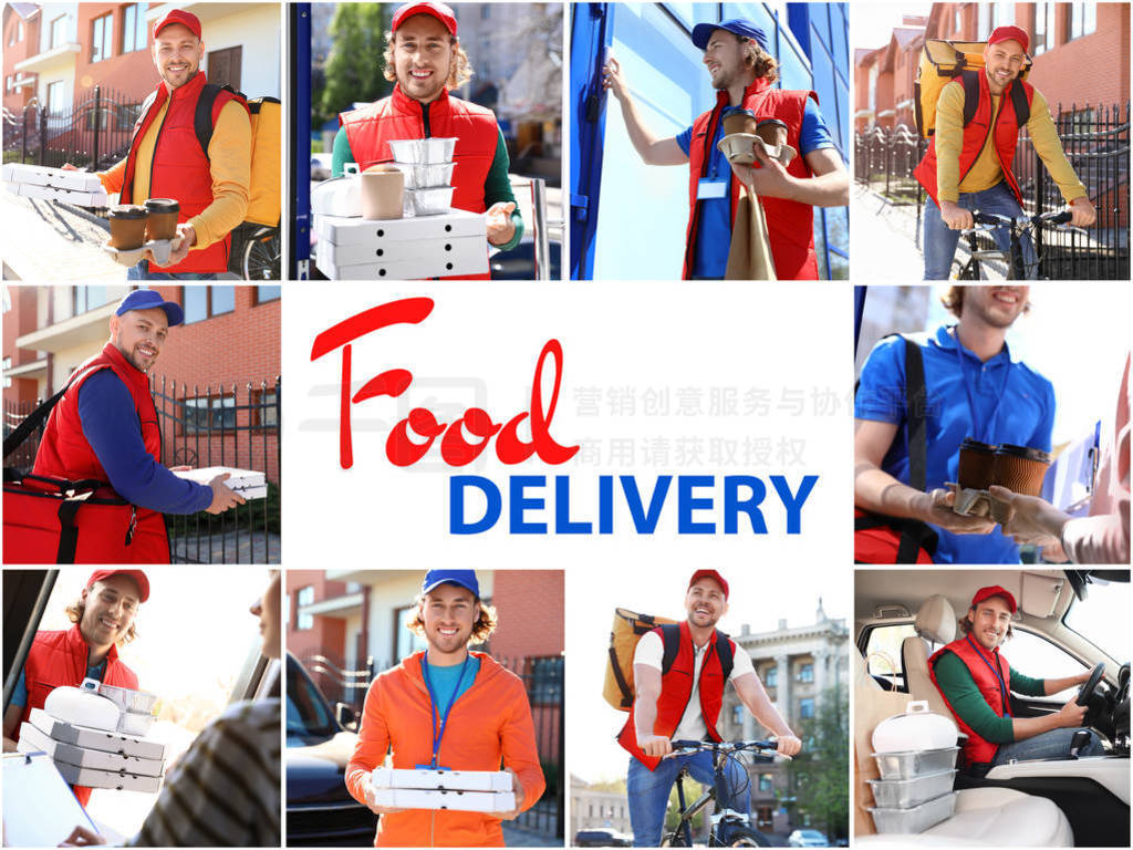 Set of couriers with orders. Food delivery service