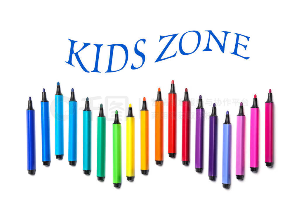 Many colorful markers on white background, top view. Kids zone