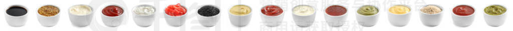 Set of different delicious sauces on white background. Banner de