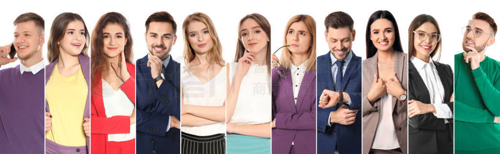 Collage of attractive people on white background. Banner design