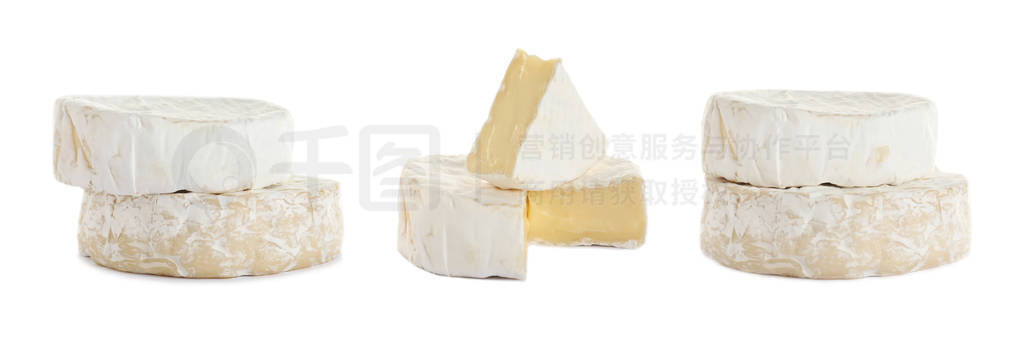 Set of different delicious cheeses on white background. Banner d