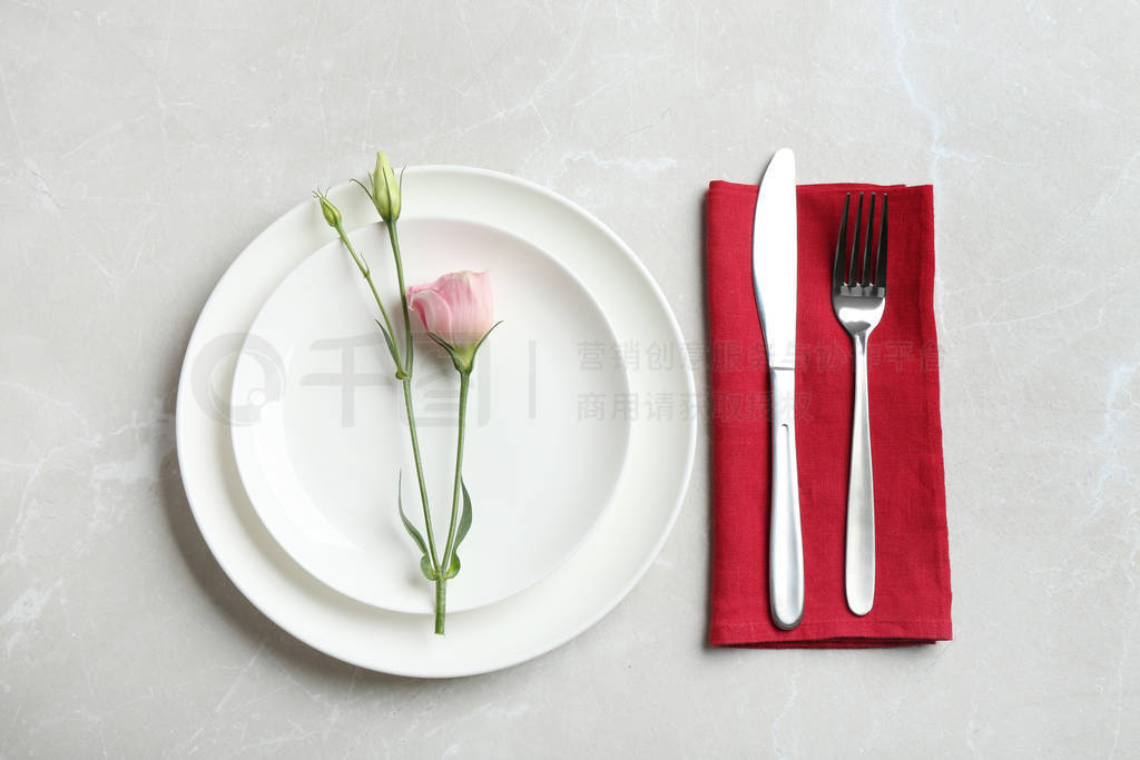 Elegant table setting on grey marble table, flat lay