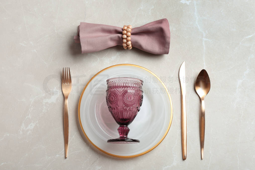 Elegant table setting on grey marble table, flat lay