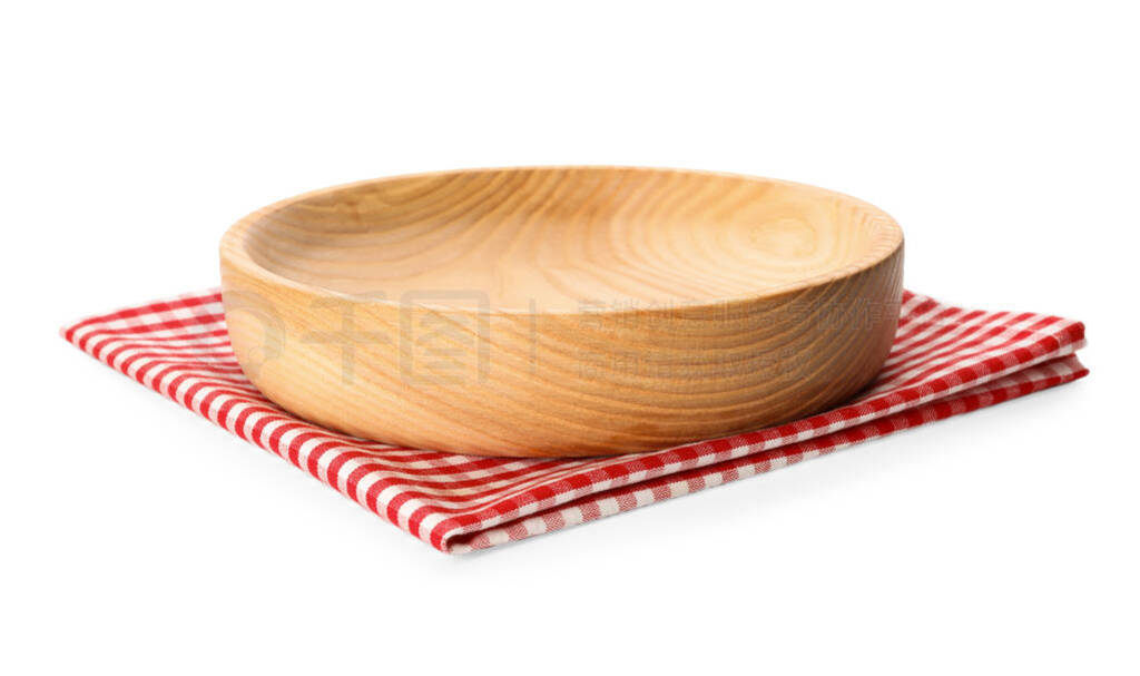 Empty wooden plate and checkered napkin isolated on white