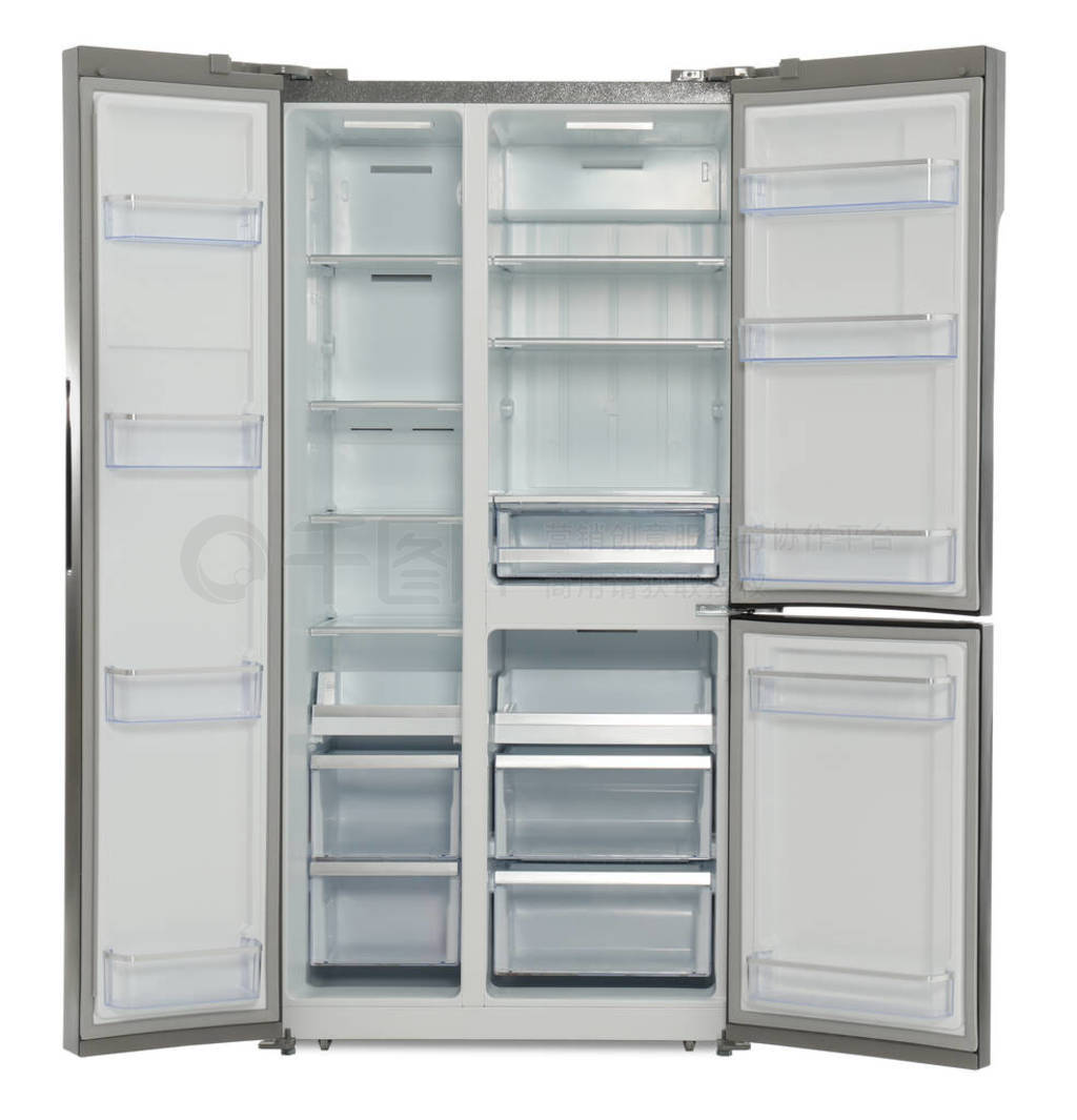 Empty stainless steel refrigerator isolated on white