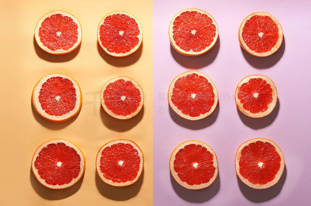 Flat lay composition with tasty ripe grapefruit slices on color