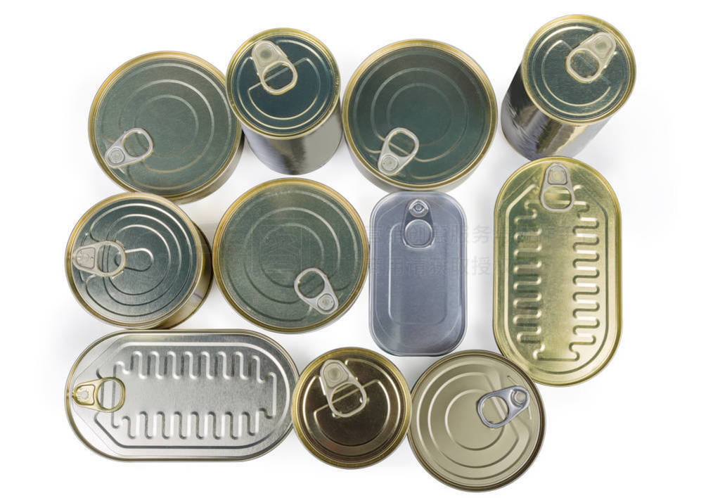 Top view of different sealed tin cans of canned fish