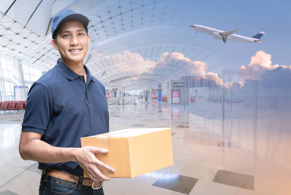 Asian delivery man holding a cardboard box with international ai