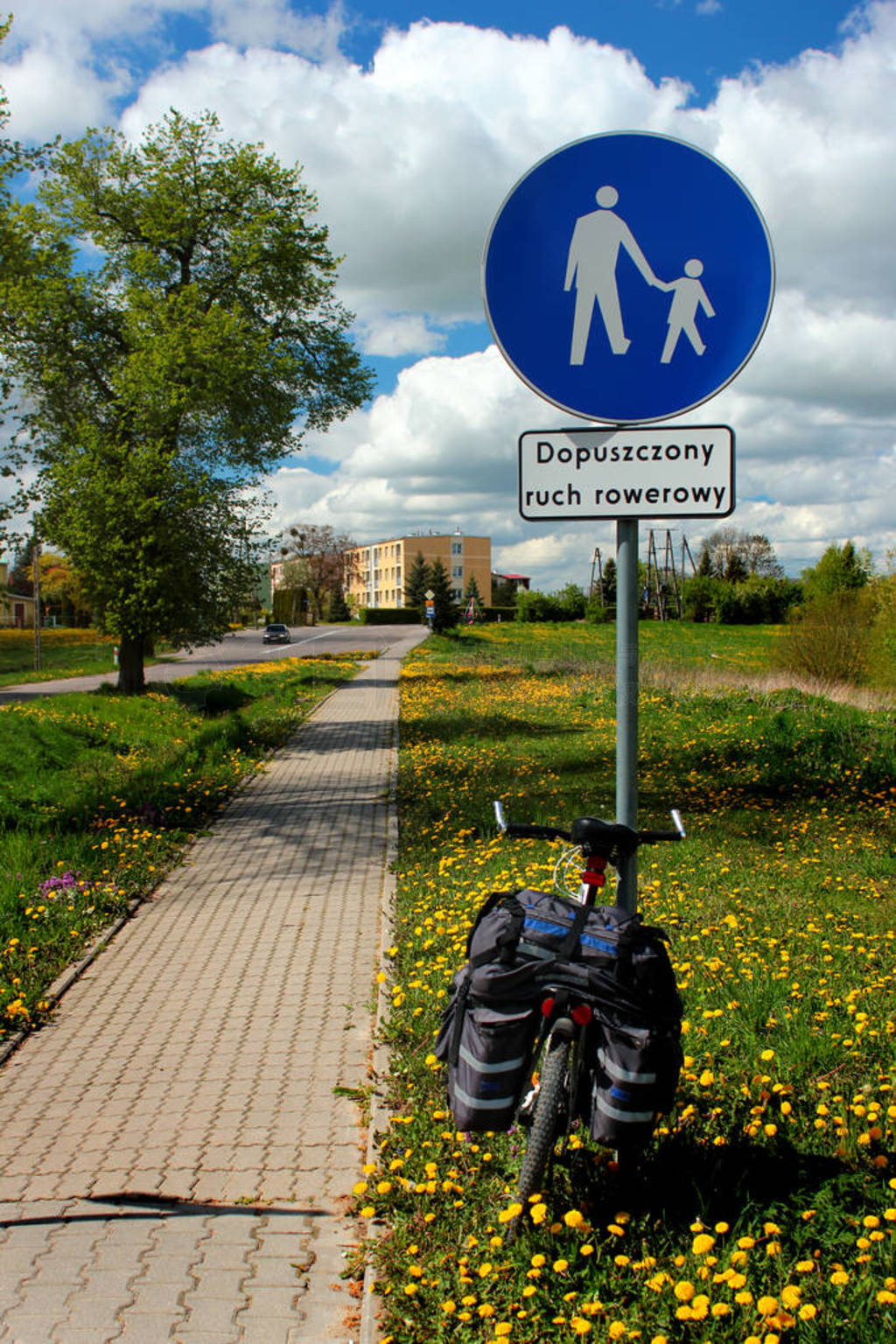Bike on a pedestrian footpath. Sign in Polish reads