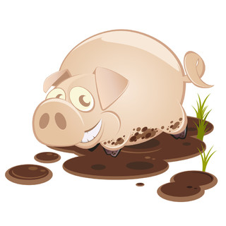 可爱的卡通猪在泥浆中