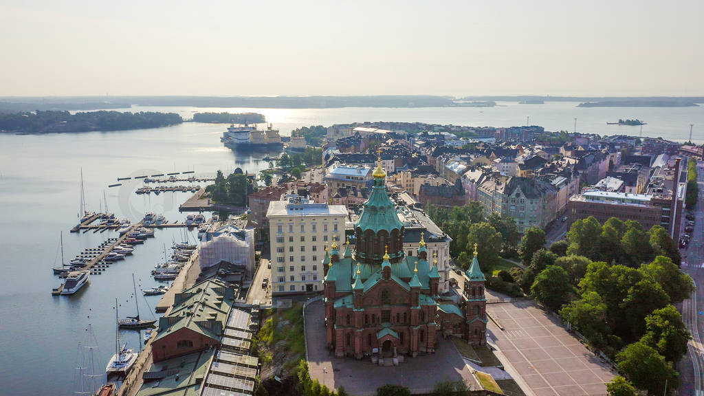 Helsinki, Finland. City center aerial view. Assumption Cathedral