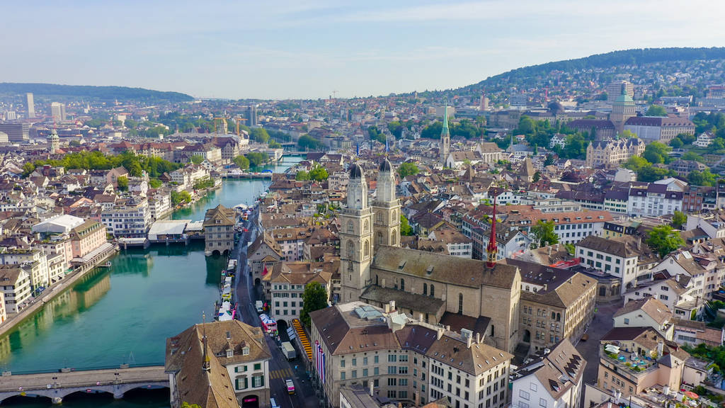 Zurich, Switzerland. Panorama of the city from the air. Limmat R