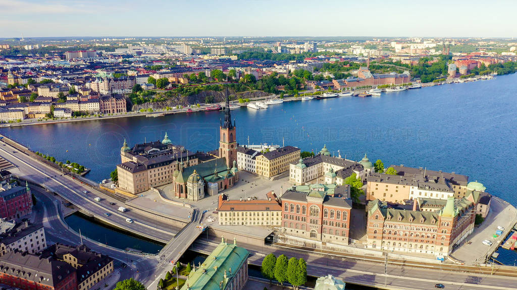 Stockholm, Sweden. Old Town - Gamla Stan. Riddarholmen. Aerial v