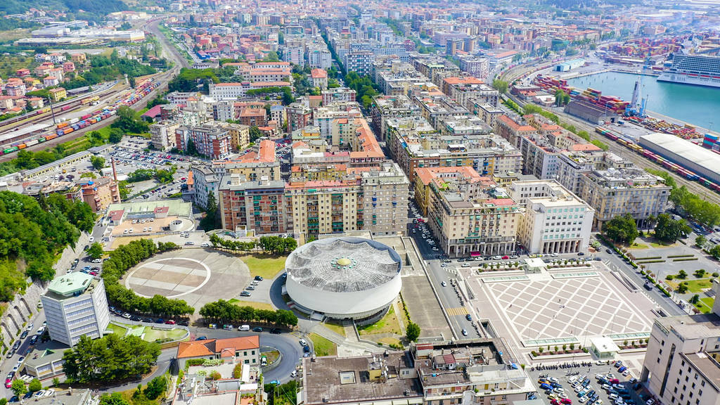 La Spezia, Italy. Cathedral of Christ the King. City view, Aeria