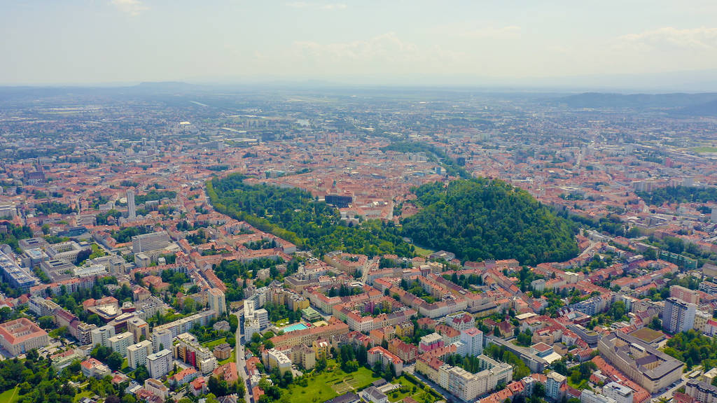 Graz, Austria. The historic city center aerial view. Mount Schlo