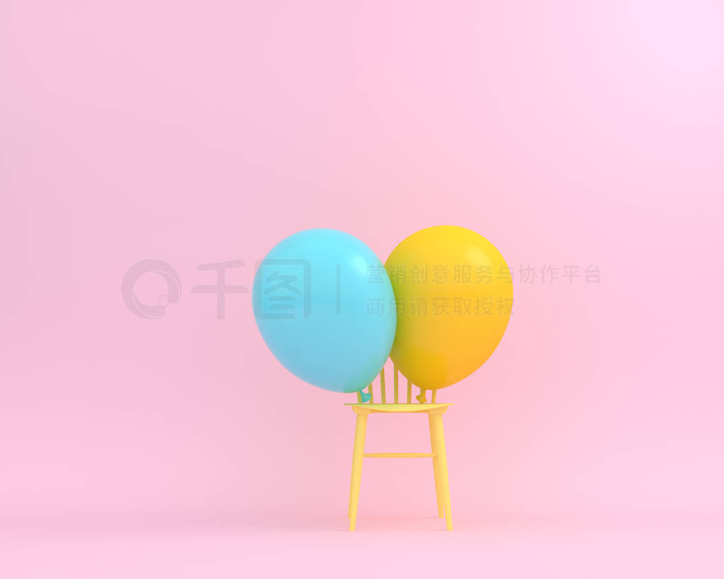 Balloons blue and yellow pastel with yellow chair on pink color