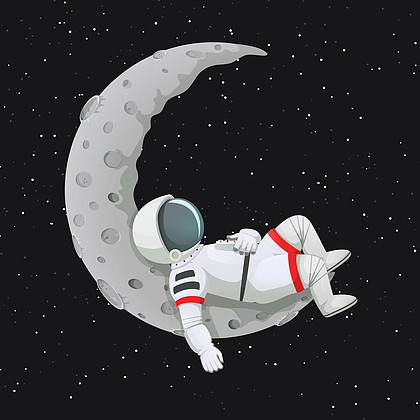宇航员躺着, 放松, 睡觉, 在新月上休息背景上的黑暗空间和星星