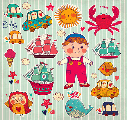94矢量的卡通贴纸一套: 男孩和玩具916海集与可爱有趣的动物和船舶与