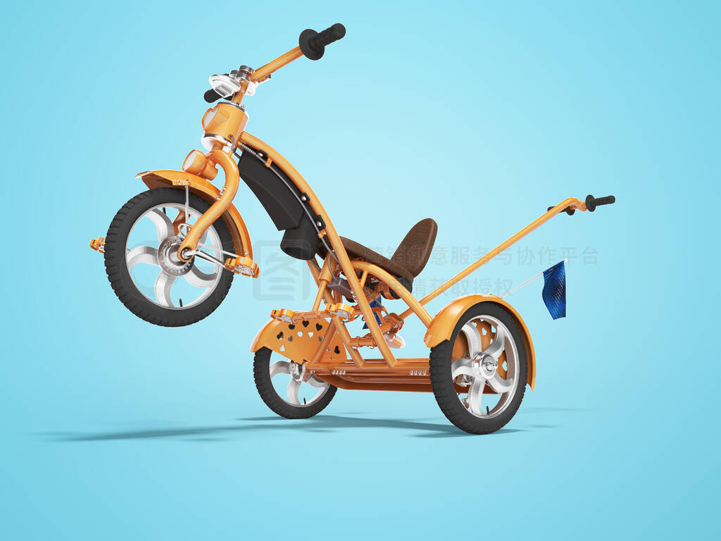 Concept orange kids tricycle with lift front wheel 3d render on