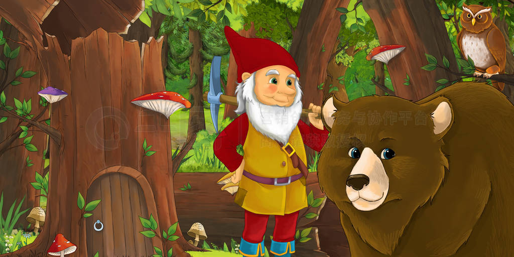 cartoon scene with happy dwarf in the forest near some house in