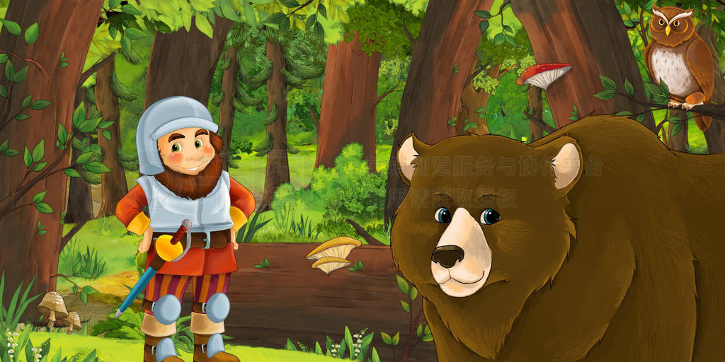 cartoon scene with happy dwarf in the forest - illustration for