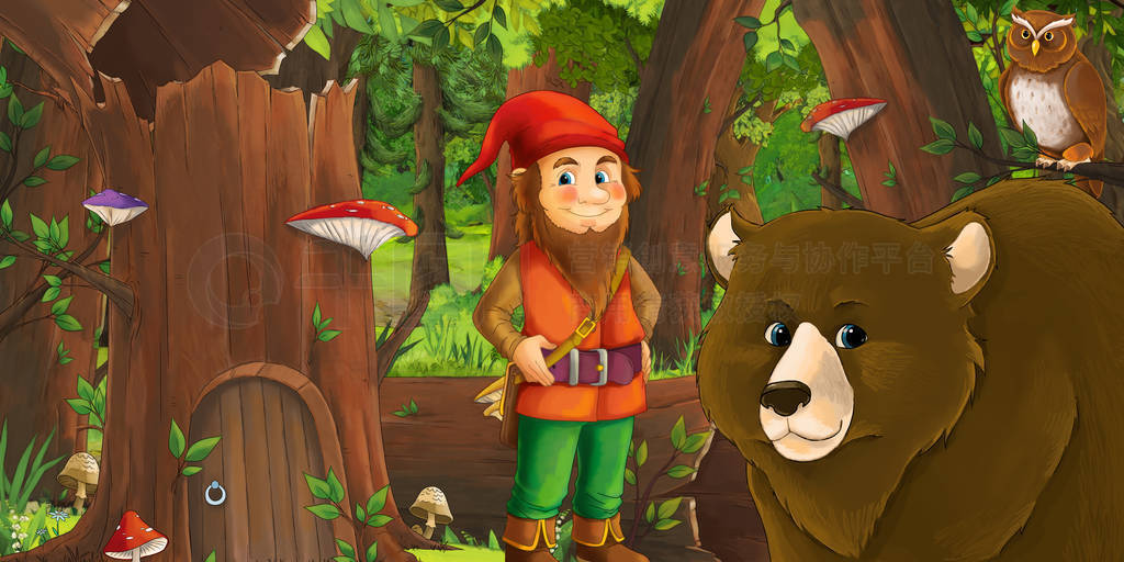 cartoon scene with happy dwarf in the forest near some house in